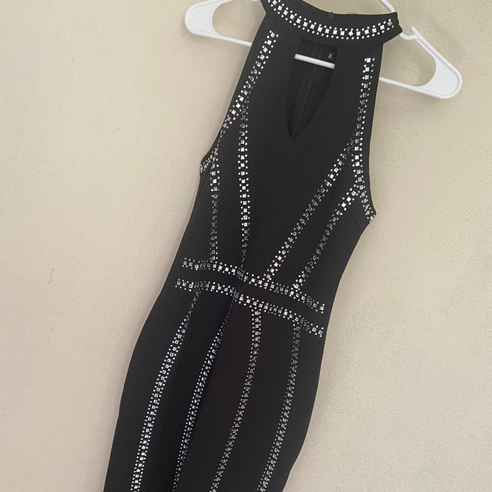 Black bodycon zip dress large gem appliques all over, looks new!
